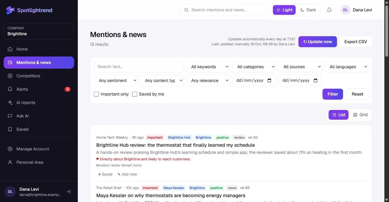 Mentions & news with filters for keyword, category, source, sentiment and relevance