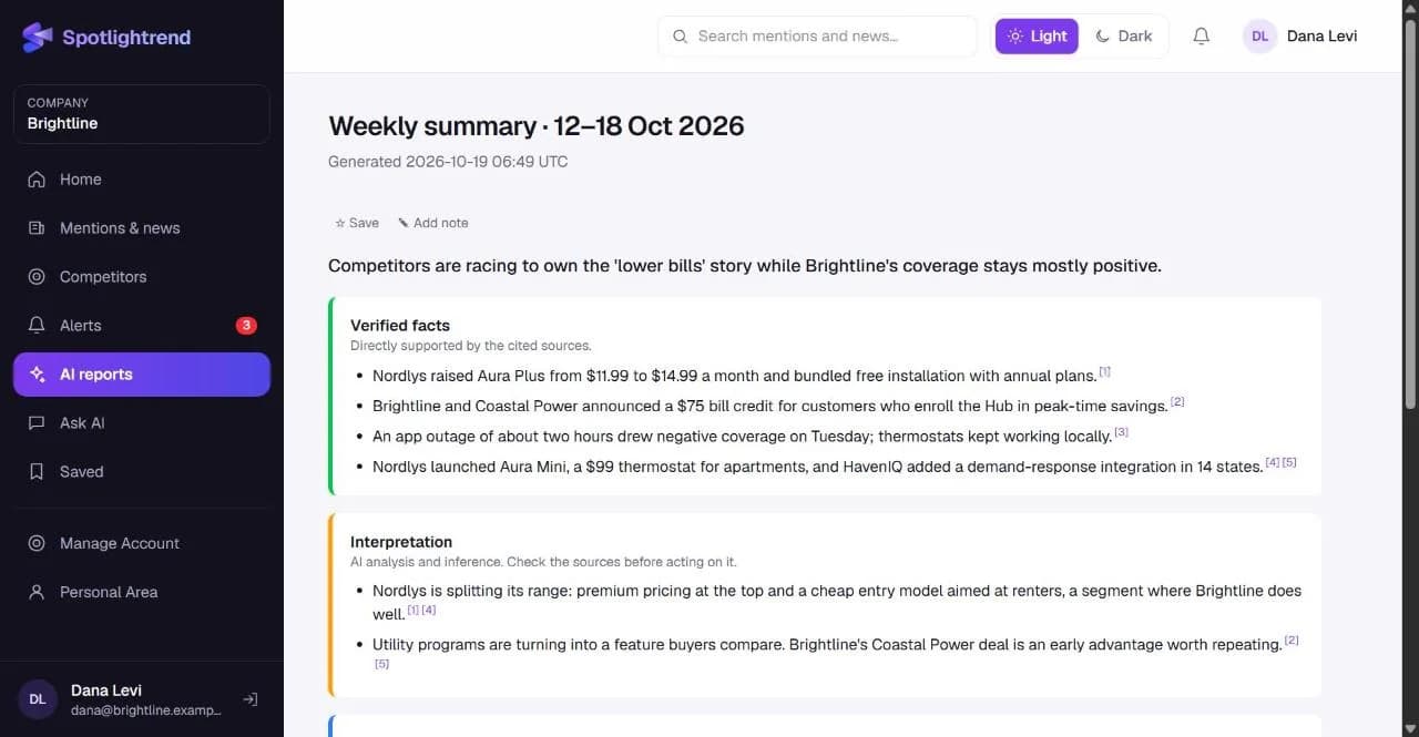 A weekly summary split into verified facts, interpretation and opportunities, with numbered sources