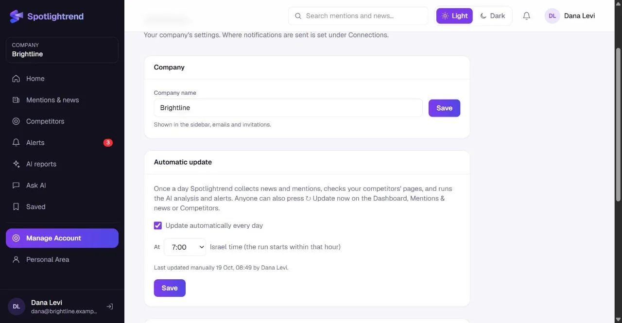 Manage Account → Settings: company name and the daily automatic update time