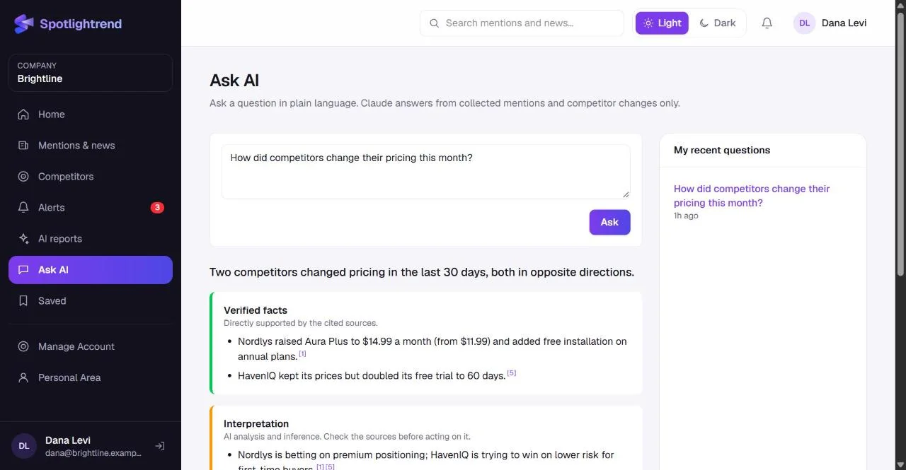 Ask AI answering a question about competitor pricing, with cited sources