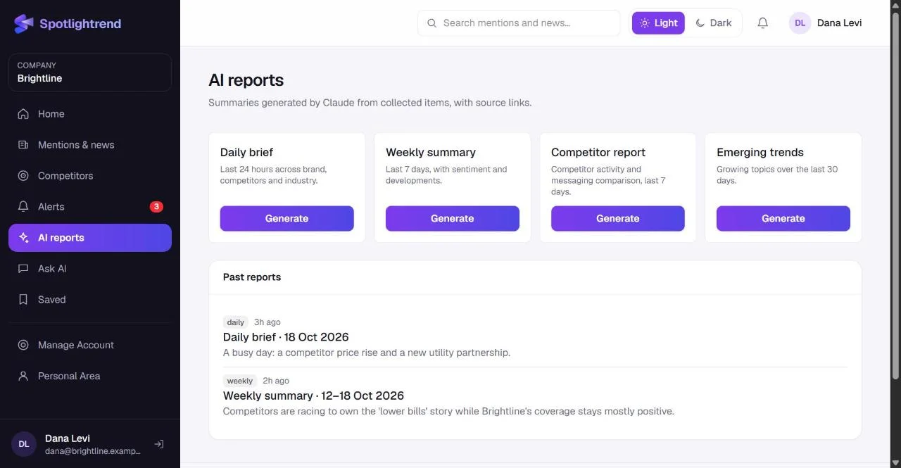 AI reports: daily brief, weekly summary, competitor report and emerging trends