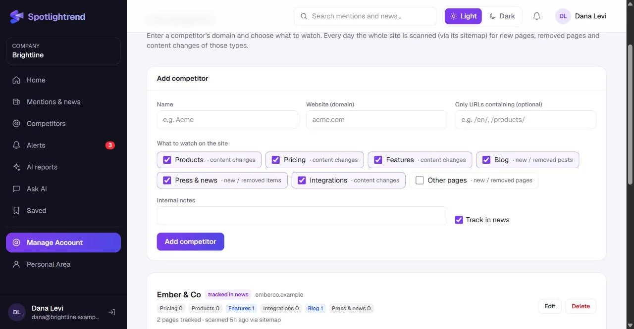 Adding a competitor by domain and choosing which page types to watch