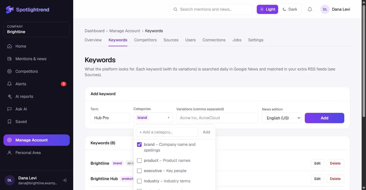 Adding a keyword and choosing several categories, including a custom one