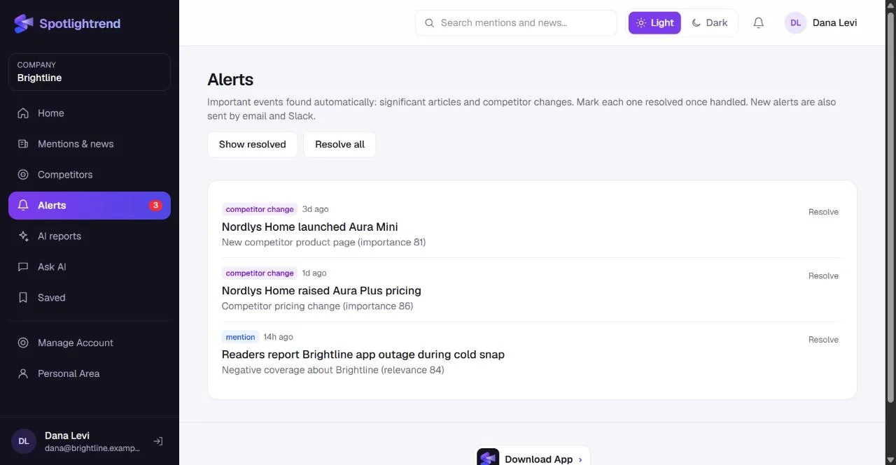The Alerts page listing a competitor launch, a pricing change and a negative article