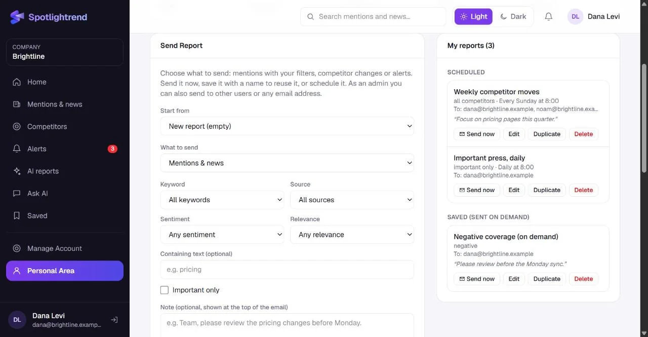 Send Report with a saved and scheduled report list next to it