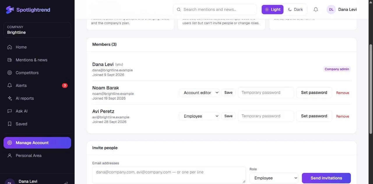 Manage Account → Users: members with their roles and join dates