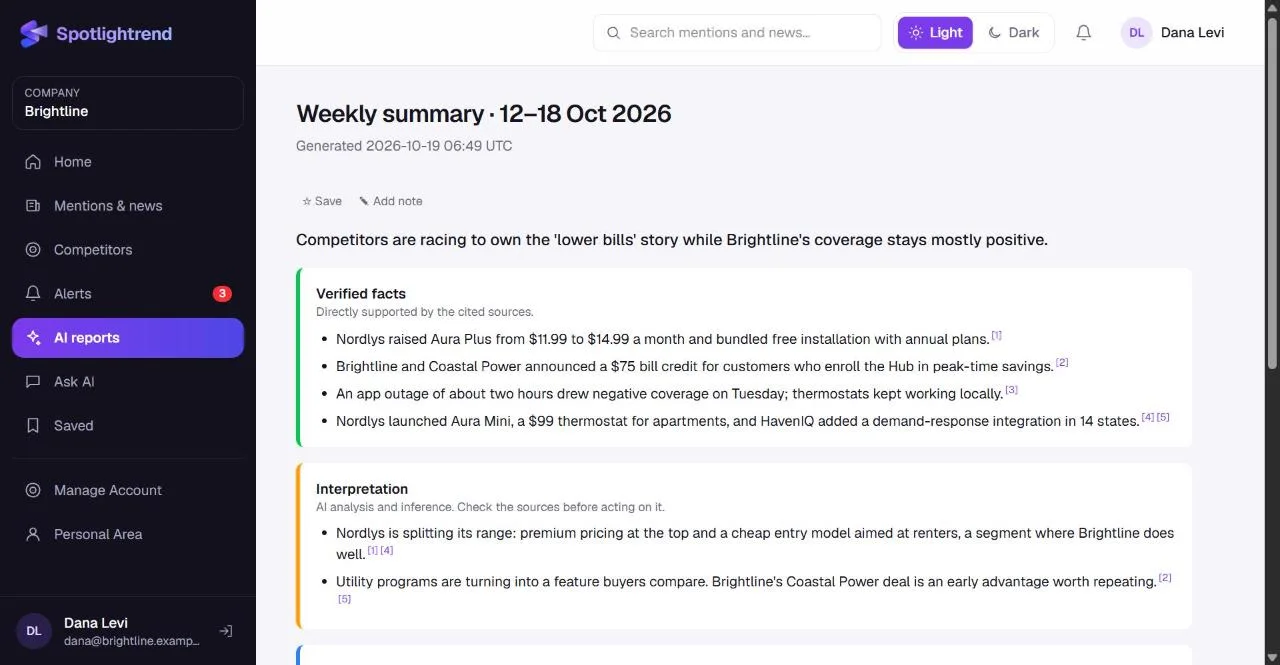 A weekly summary split into verified facts, interpretation and opportunities, with numbered sources